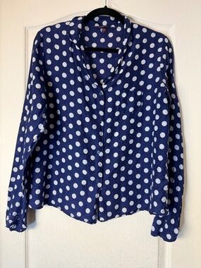 Princesse Tam Tam Cotton Silk Polka Dot Blouse Navy White Pajama Style Shirt S